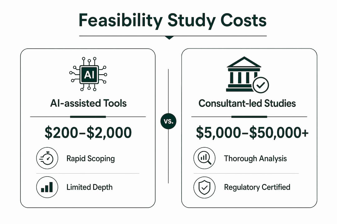 Infographic comparing AI and consultant feasibility study costs