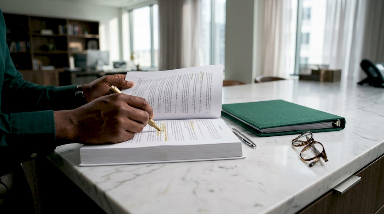 Close-up hands highlighting legal contract text