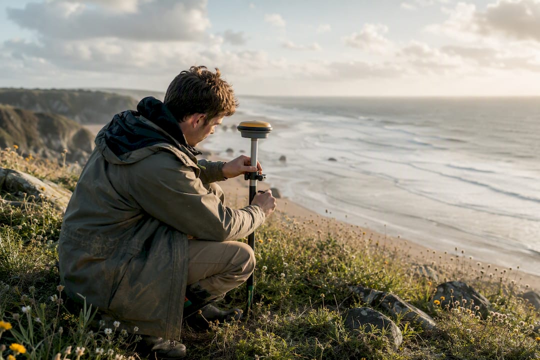 Surveyor setting up laser scanner at beach dune