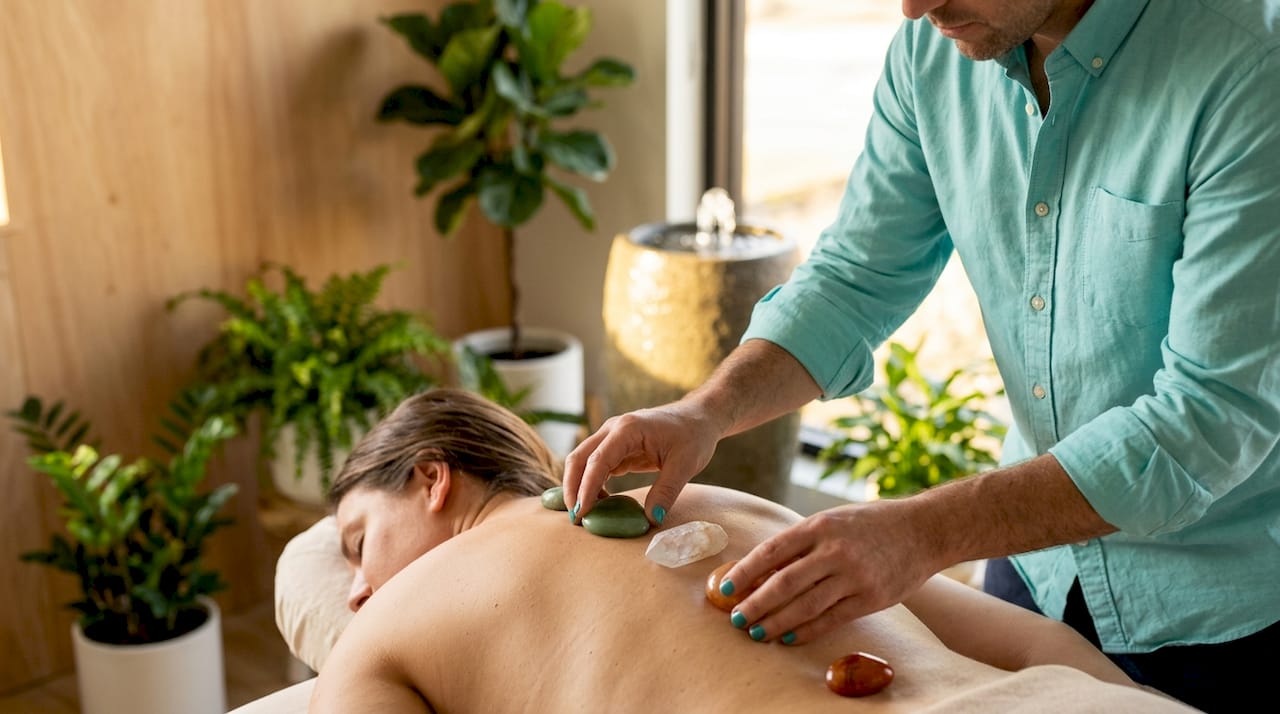 Practitioner placing healing stones during therapy