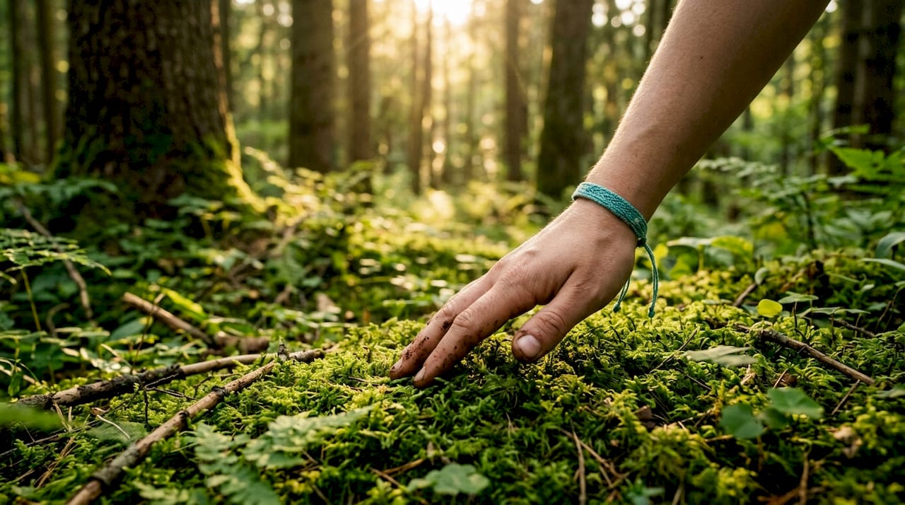 Hand touching forest moss surface