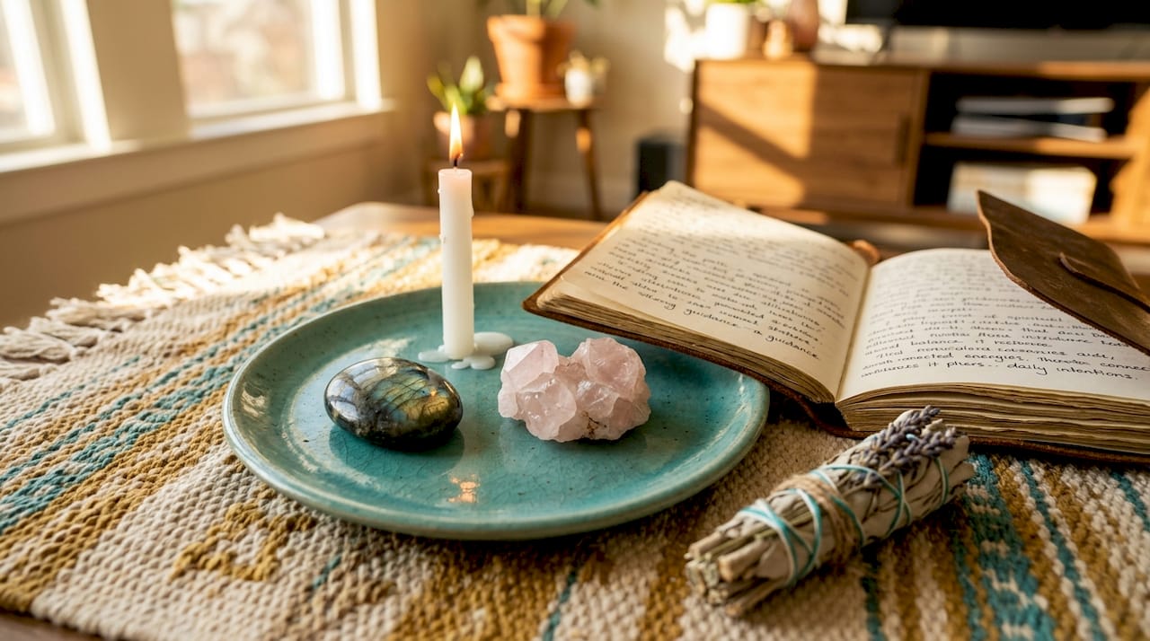 Close-up of moon ritual tools on wooden tray