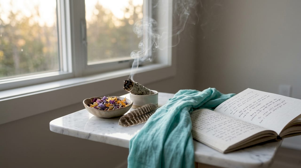Close-up of smudge stick and ritual setup