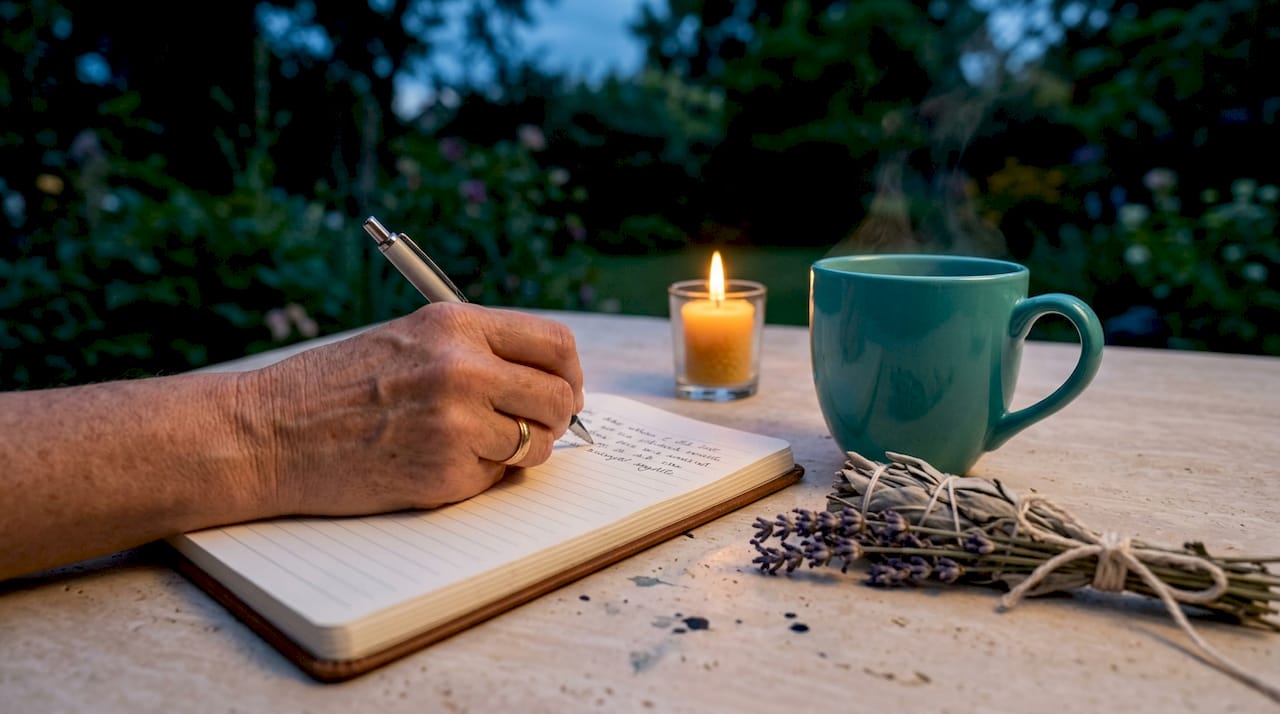 Hand writing in journal with candlelight