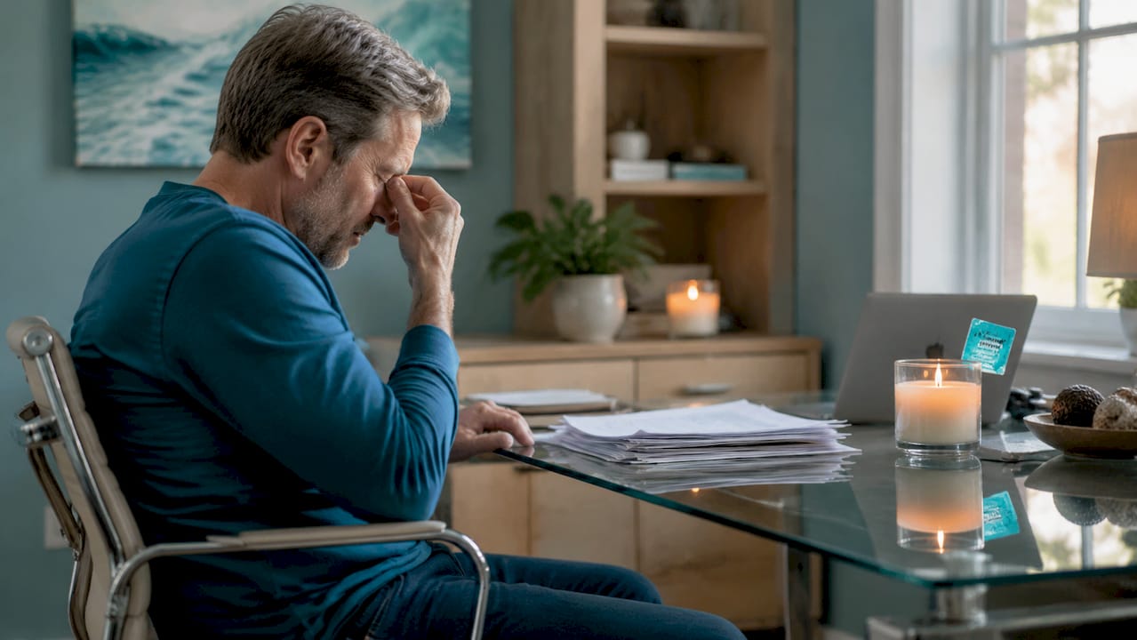 Man reflecting on stress management at home