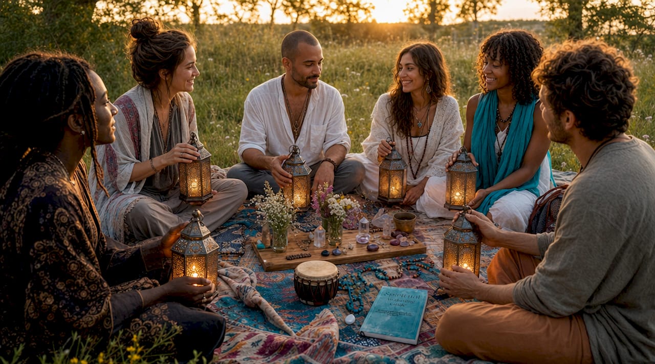 Group in prayer circle during outdoor healing ritual
