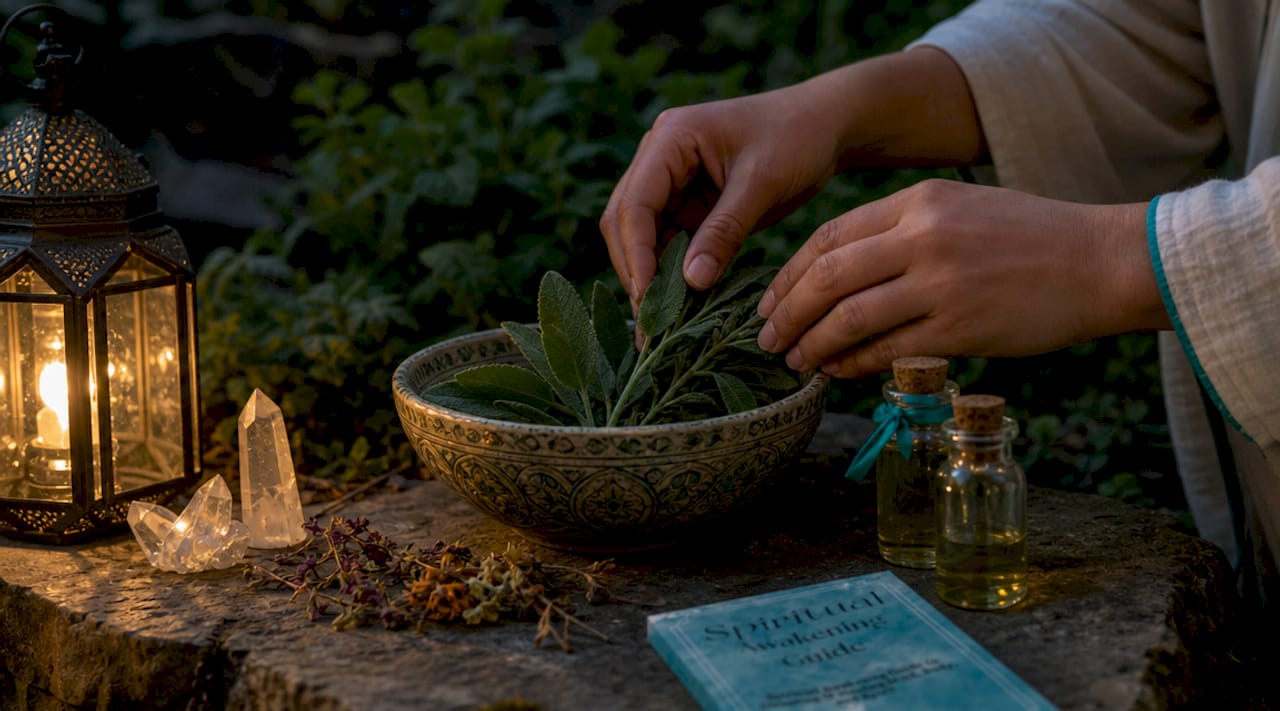 Hands arranging sage on ritual altar