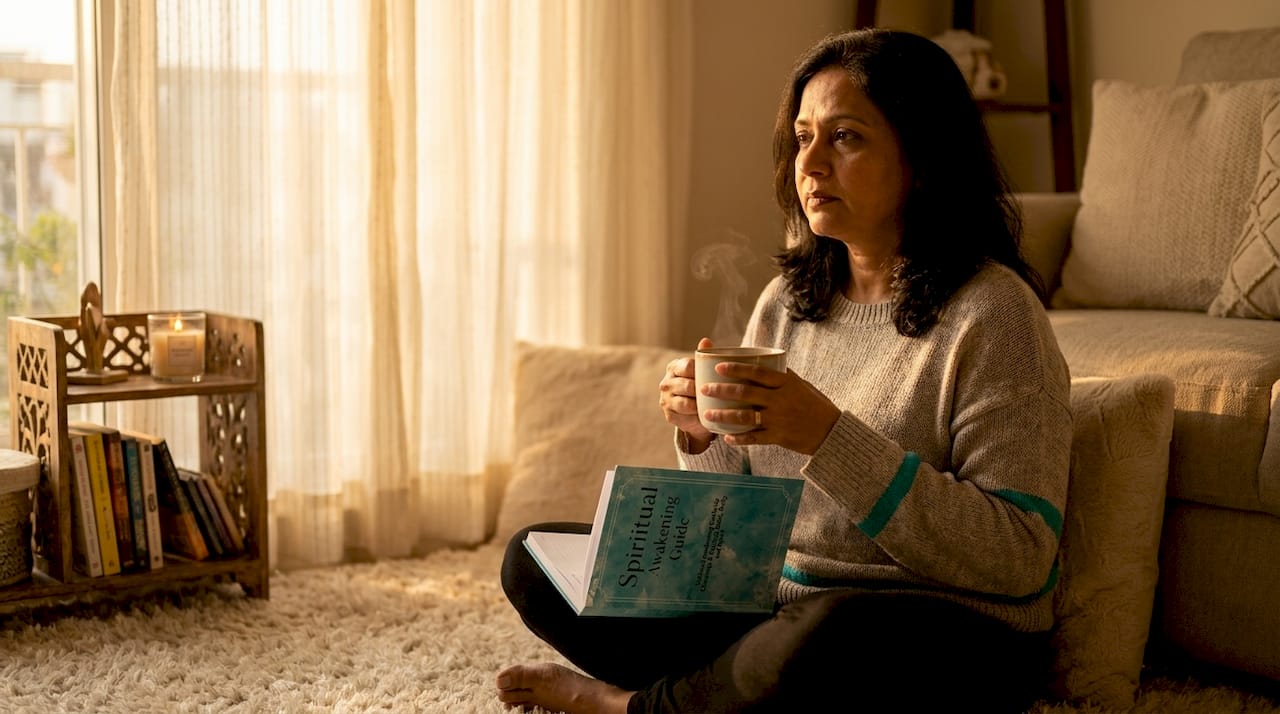 Woman reflecting with tea in warm kitchen corner