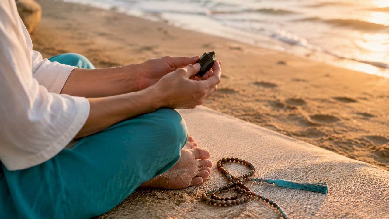 Hands holding grounding crystal on grass