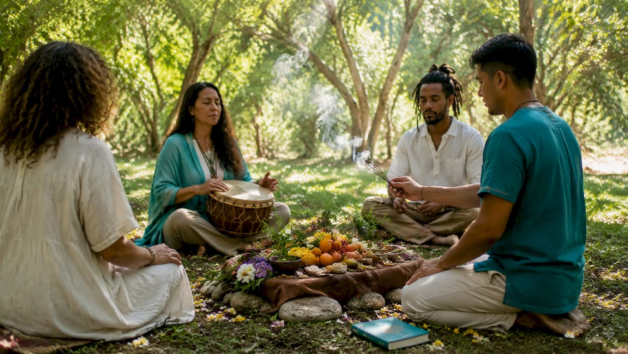 People performing ancestral healing rituals outdoors