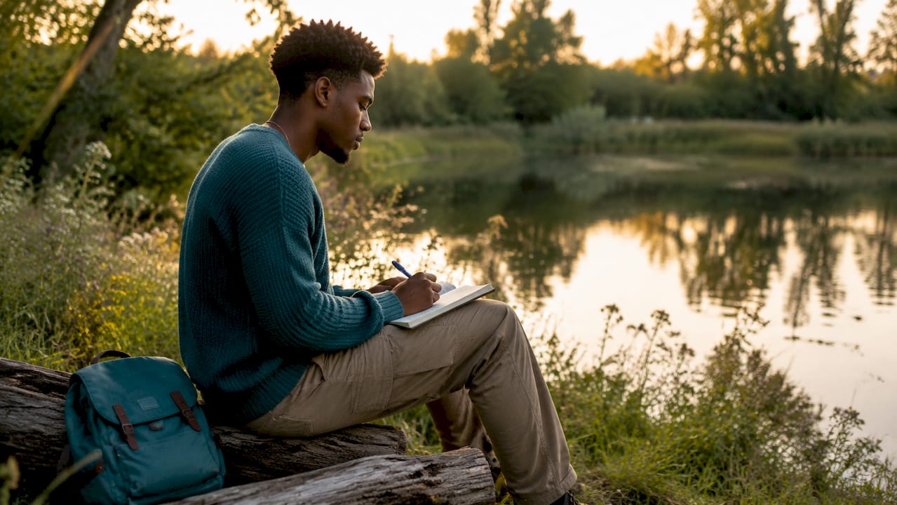 Man journaling outdoors during golden hour