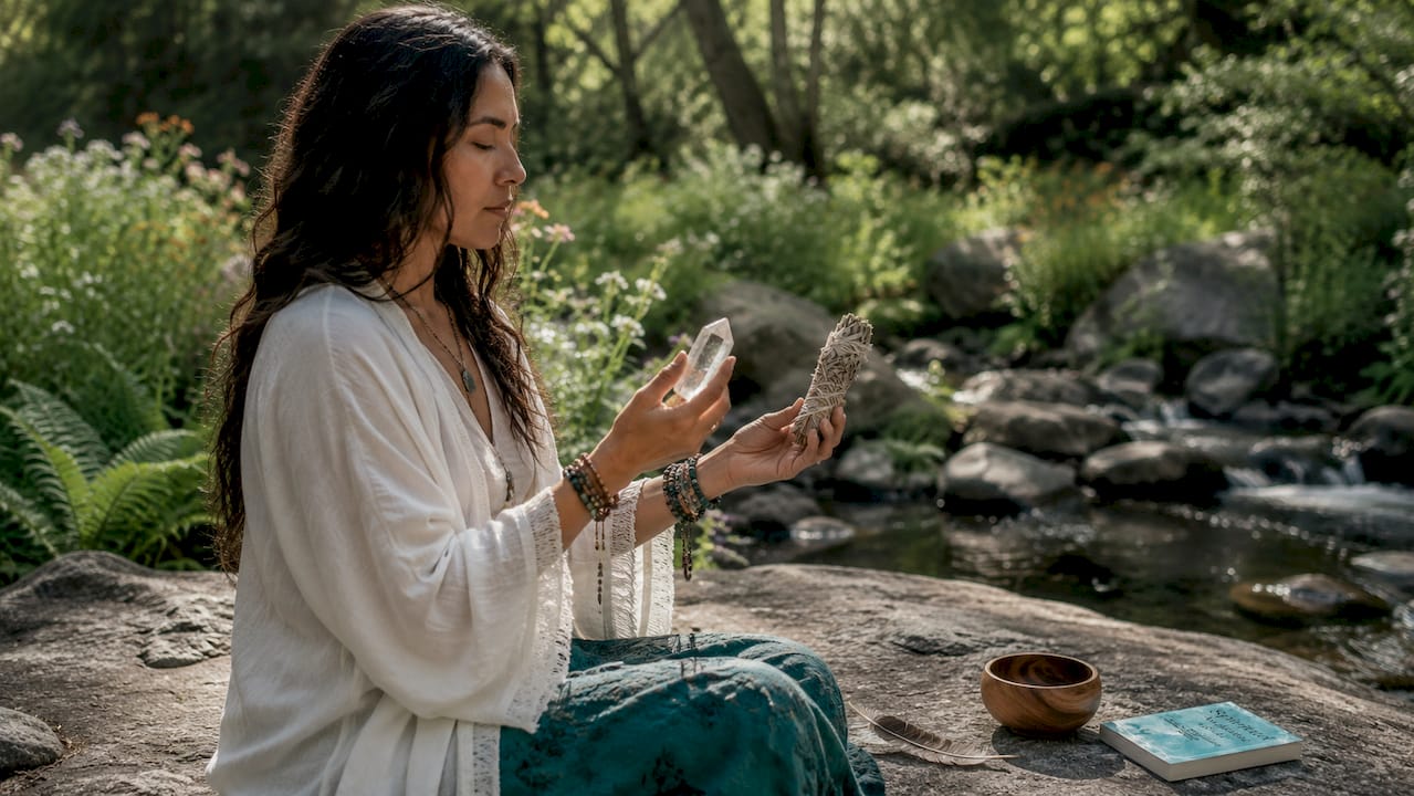 Shaman's hands holding crystal and sage outdoors