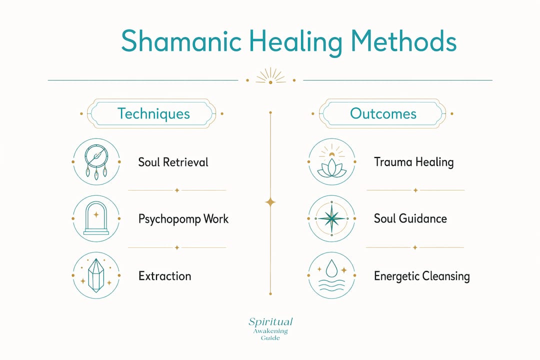 Infographic comparing shamanic healing techniques and outcomes