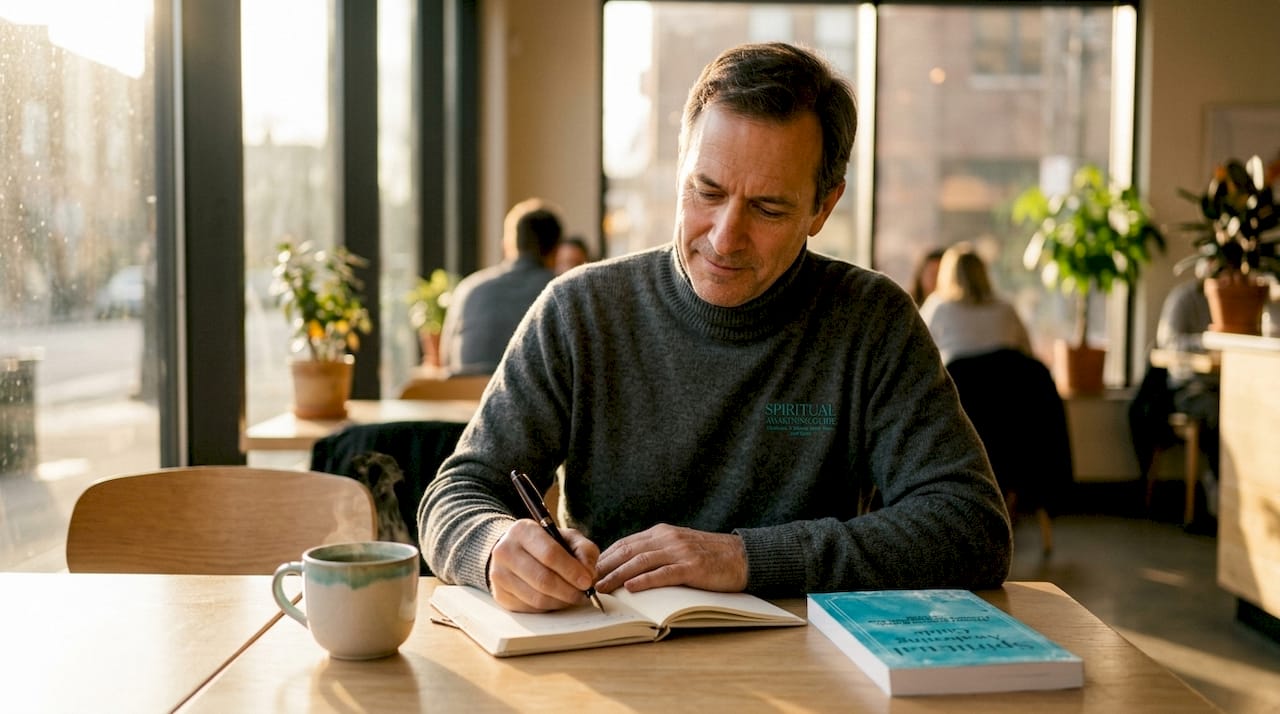 Man writing gratitude journal at desk