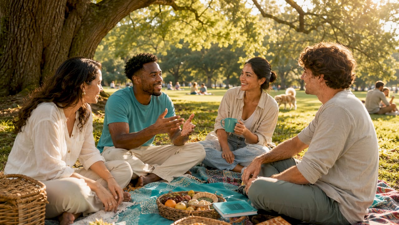 People sharing experiences in café conversation