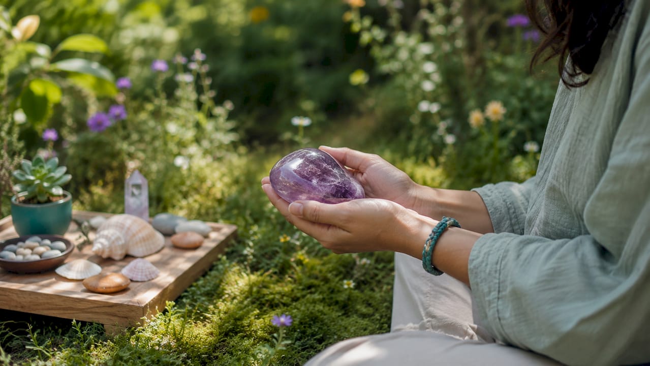 Hands holding crystal in meditation corner