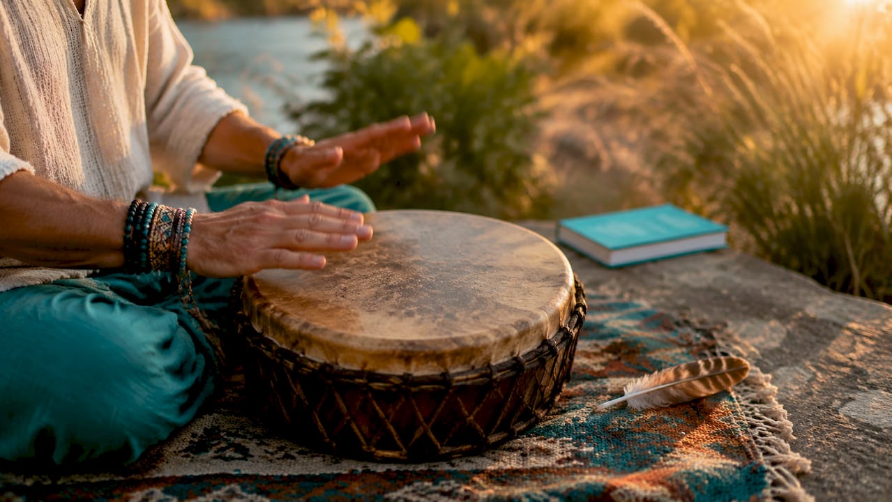 Hands playing traditional shamanic drum closely
