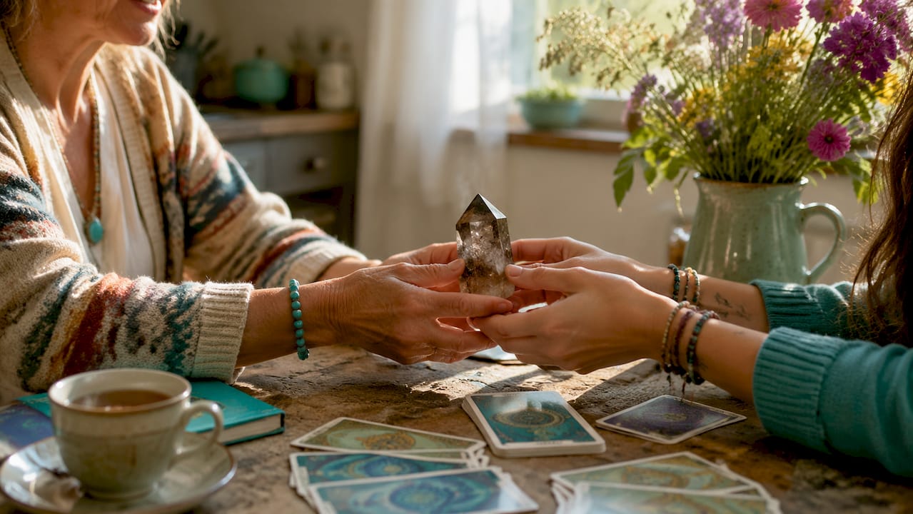 Two hands holding amethyst crystal over table