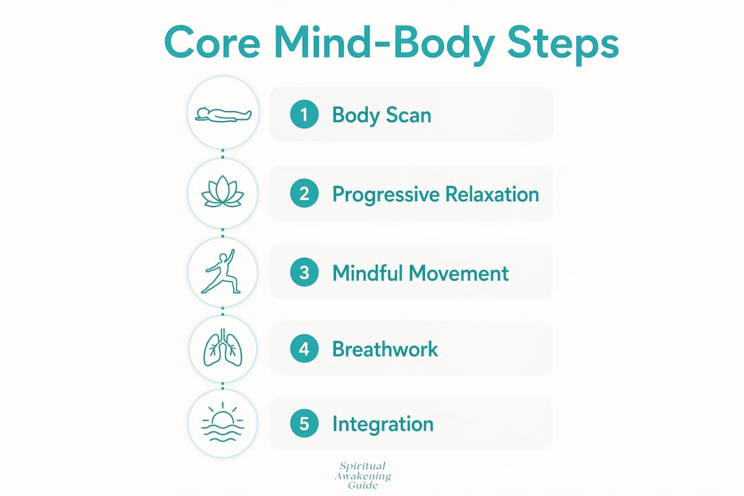 Infographic illustrating five core mind-body exercises steps