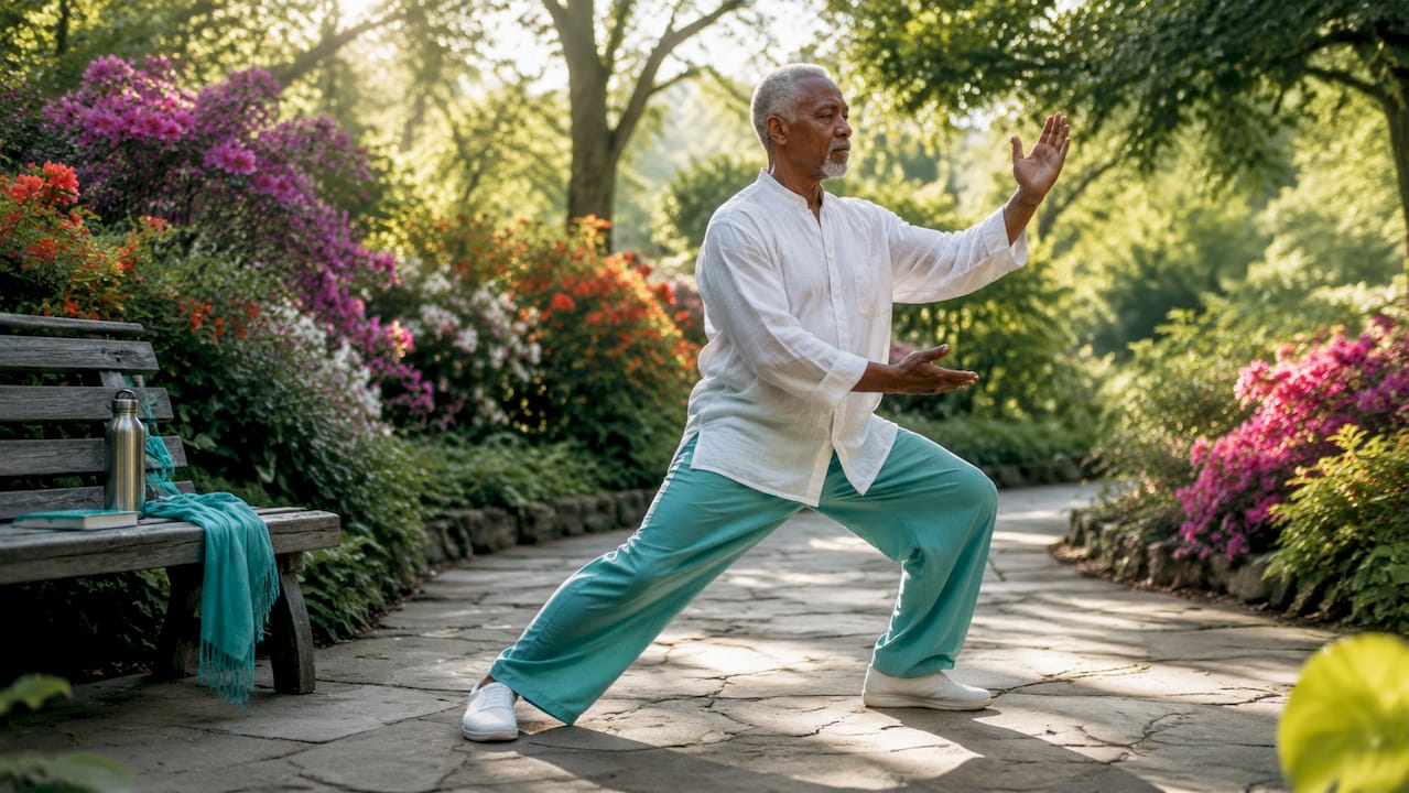 Elderly man performing tai chi in sunny park