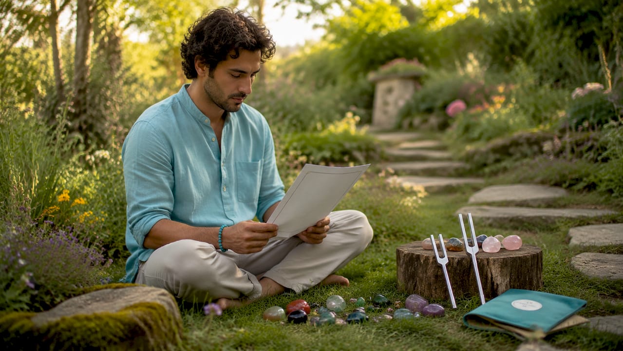 Practitioner prepares intuitive healing session materials