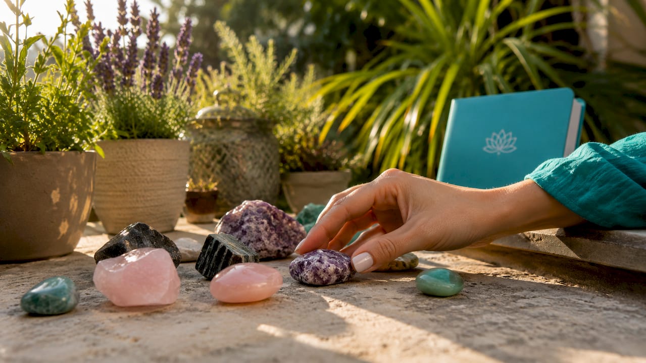 Close-up of anxiety relief crystals on table