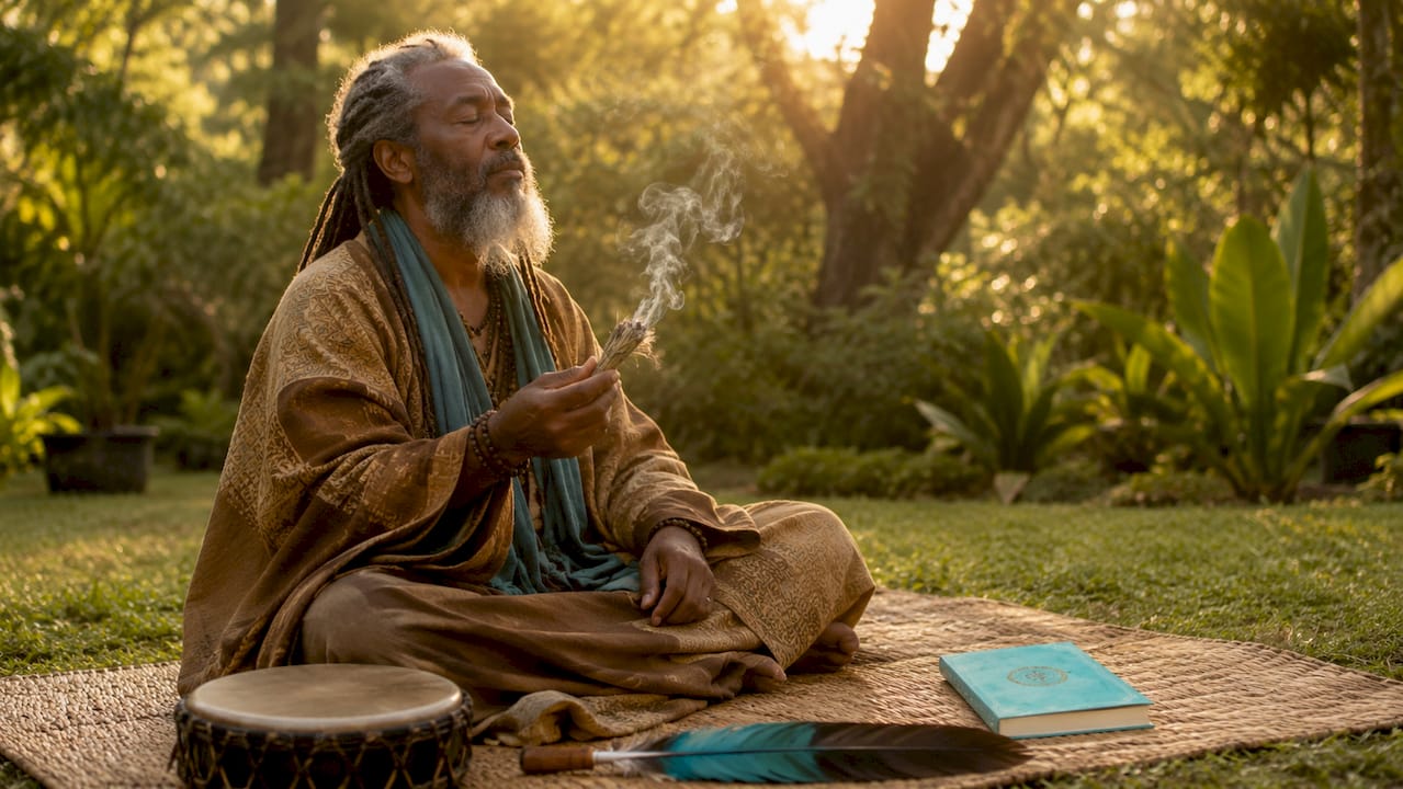 Man performing sage smudging in forest clearing