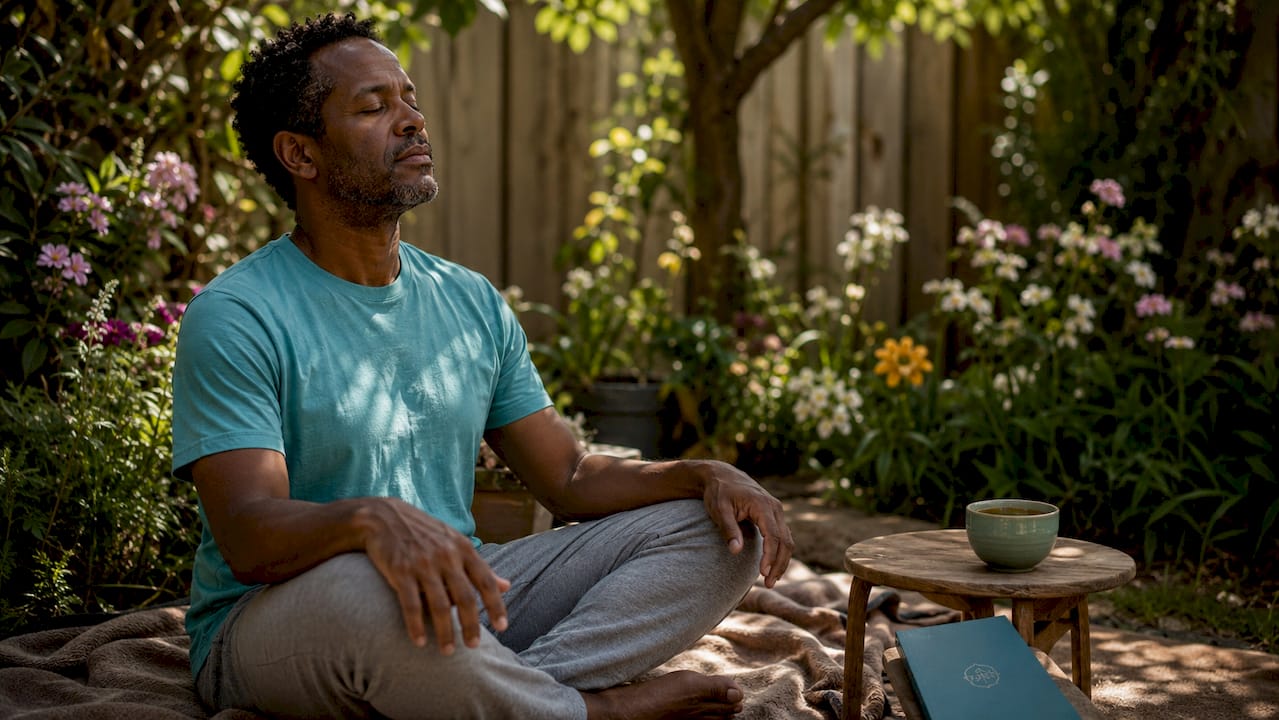 Man practicing seated body scan meditation at home