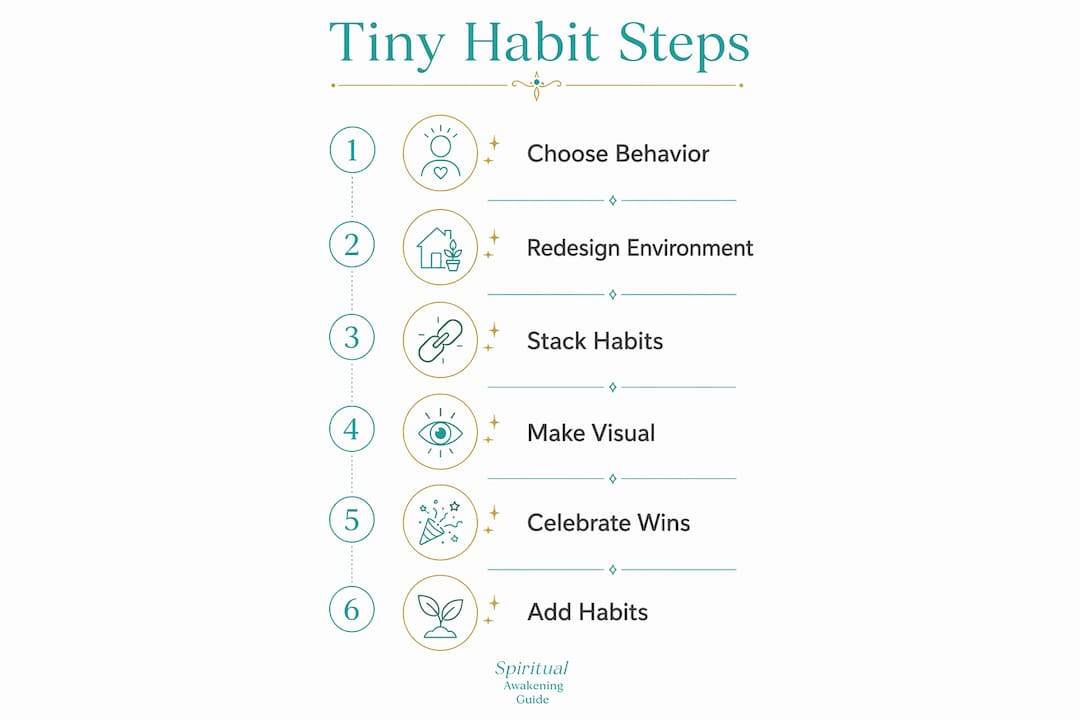 Changing Your Life: A Practical System for 2026 1 Infographic showing six steps to build tiny habits