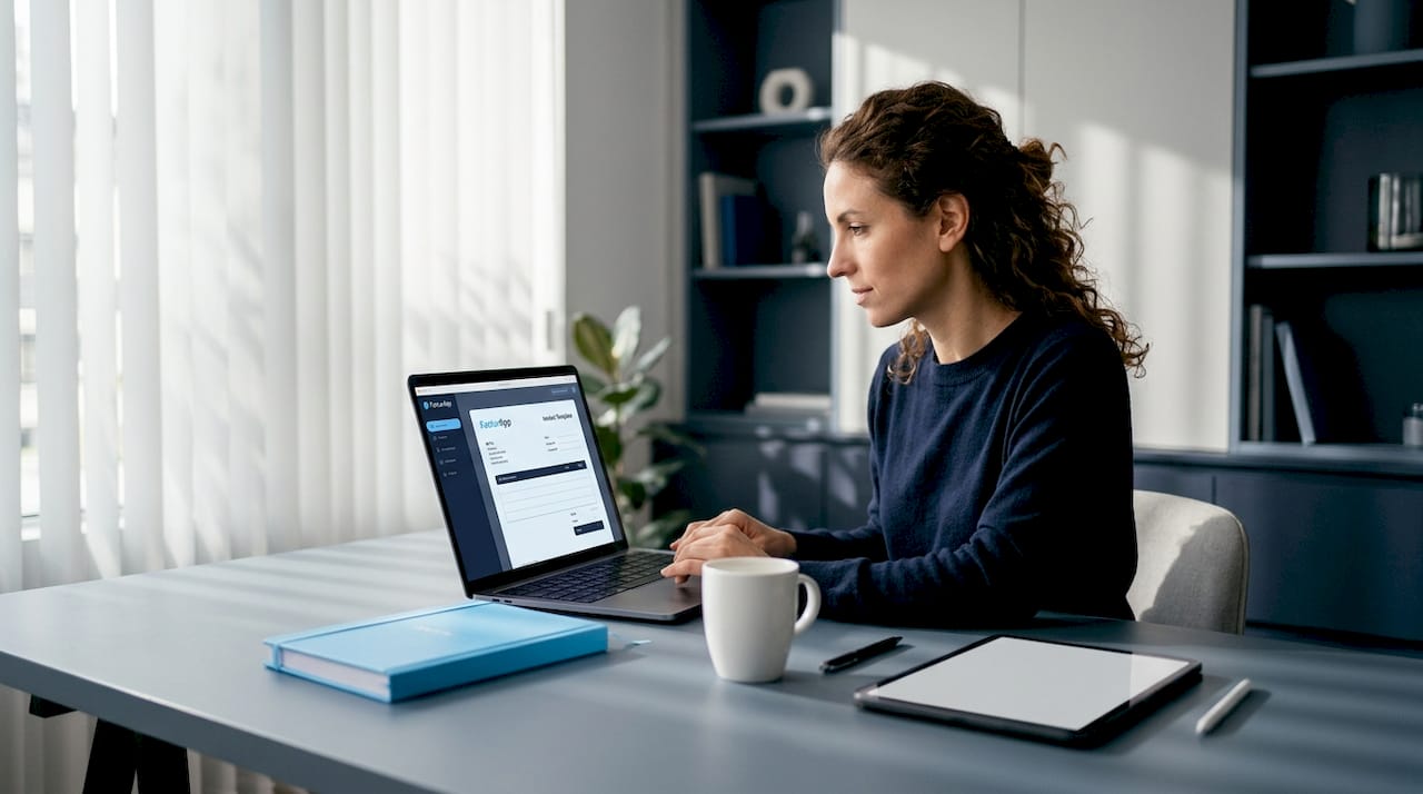 Freelancer working on digital invoice at home office