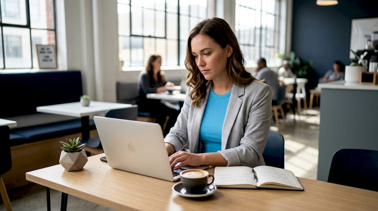 Woman sending invoice via laptop at home office