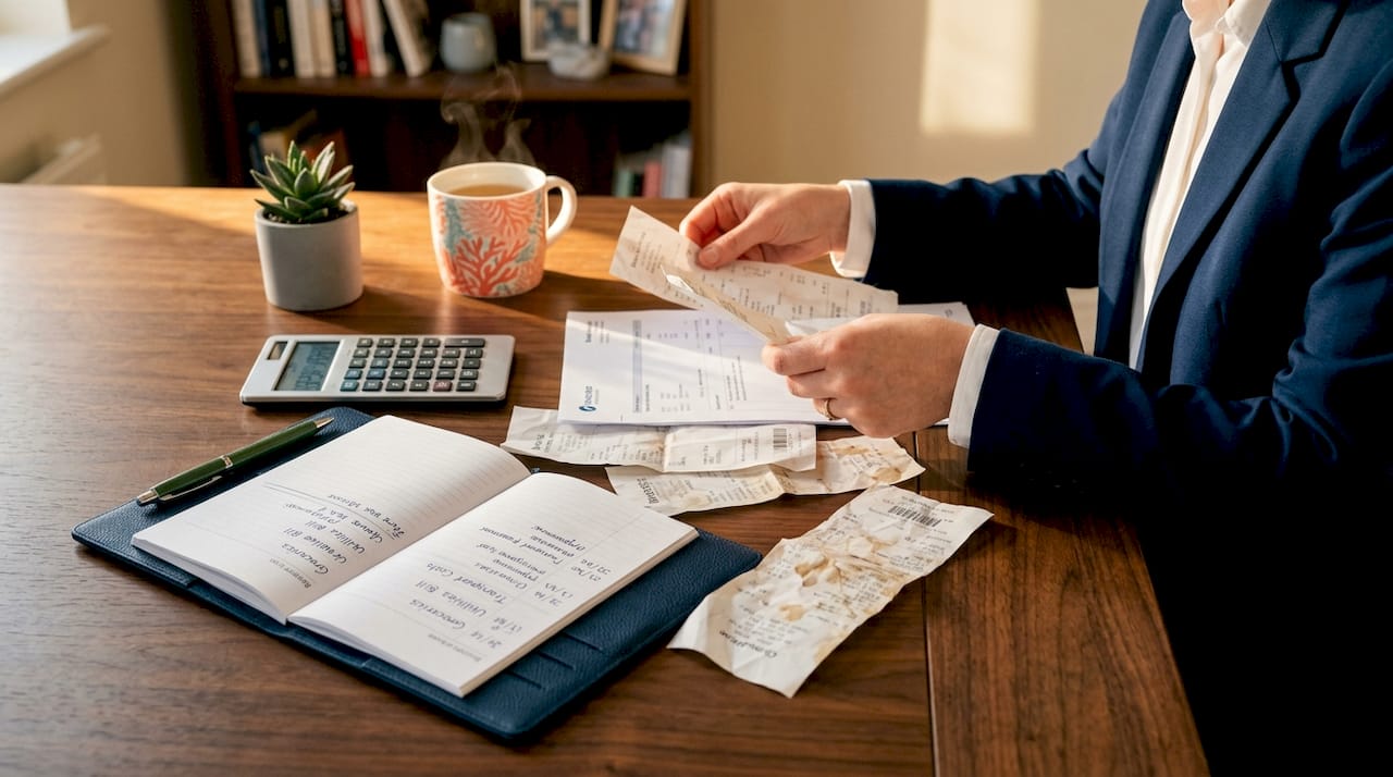 How to create your first monthly budget: 2026 guide 2 Hands sorting receipts and reviewing expenses