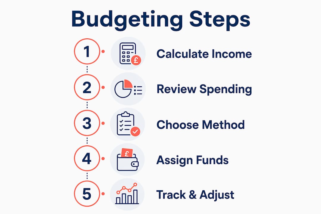 How to create your first monthly budget: 2026 guide 3 Infographic illustrating five steps of creating a monthly budget