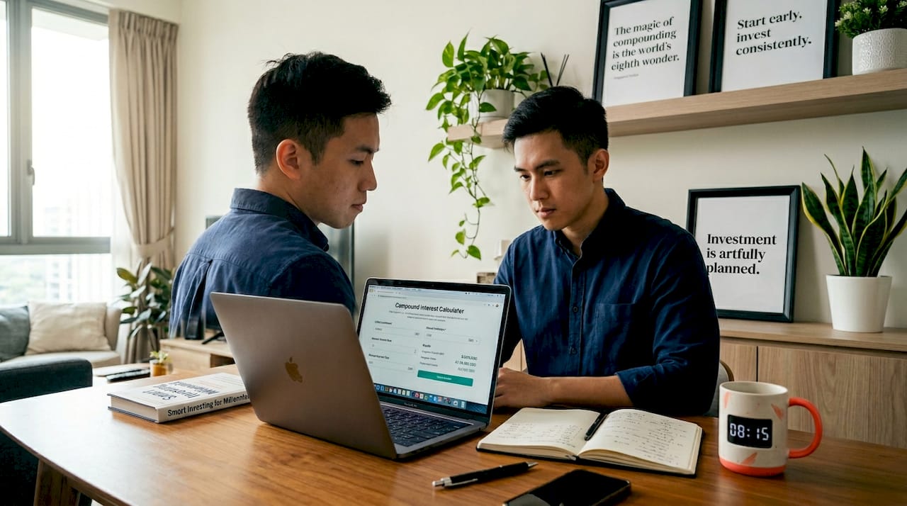 Financial goals in your 20s: Singapore 2026 guide 2 Young man reviewing investment calculator at home desk