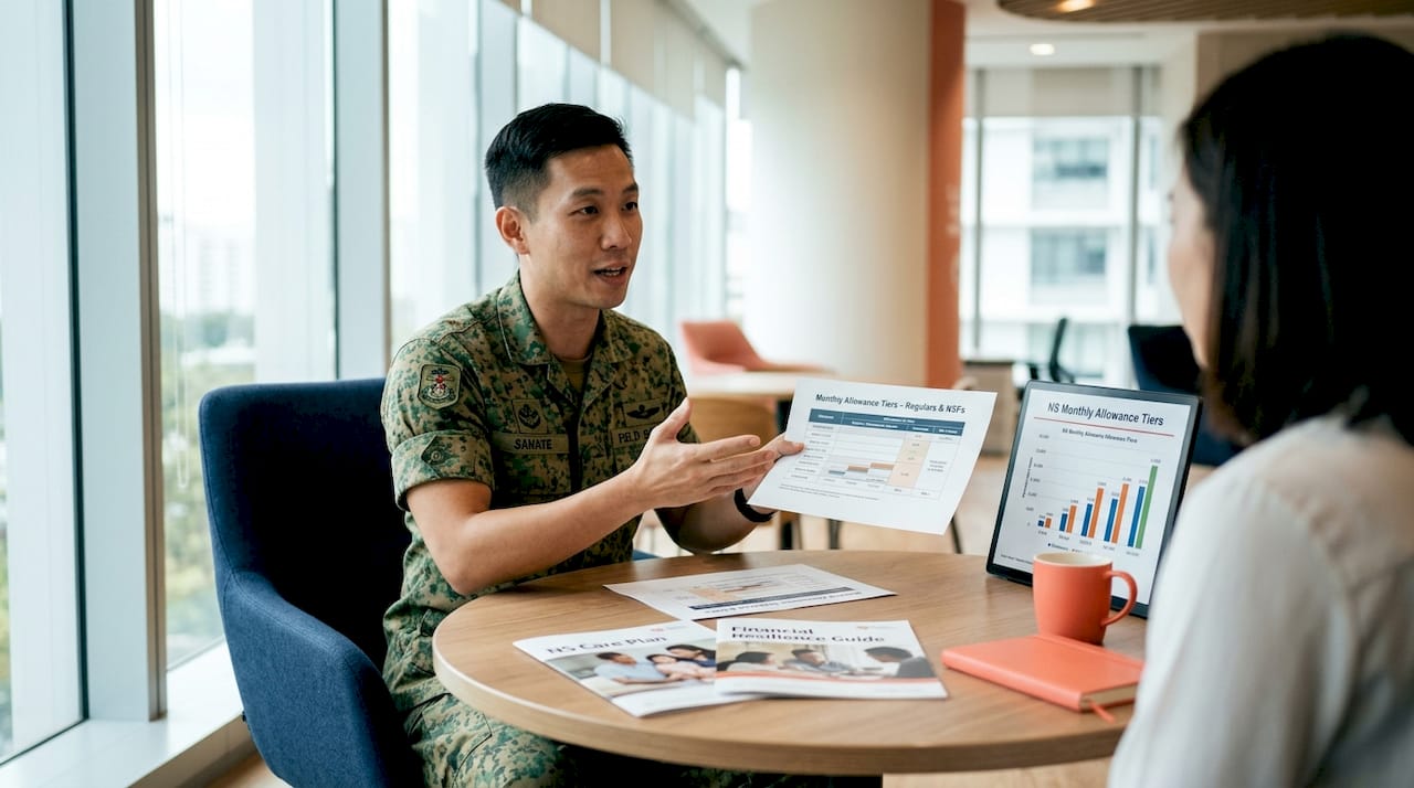 Singapore NS financial benefits explained: 2026 guide 2 NS officer reviewing monthly allowance chart in office