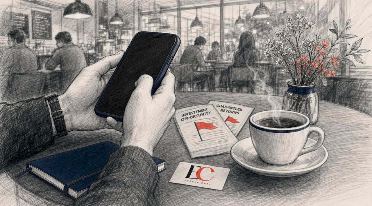 How to avoid investment scams in Singapore: 2026 guide 3 Hands holding smartphone near suspicious investment documents