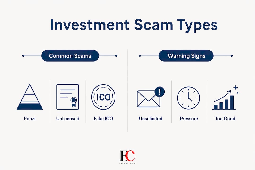How to avoid investment scams in Singapore: 2026 guide 2 Infographic comparing common scam types with warning signs