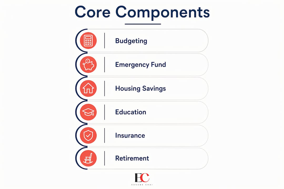 What is a family financial plan: a Singapore guide 3 Infographic showing six core components of family financial plan