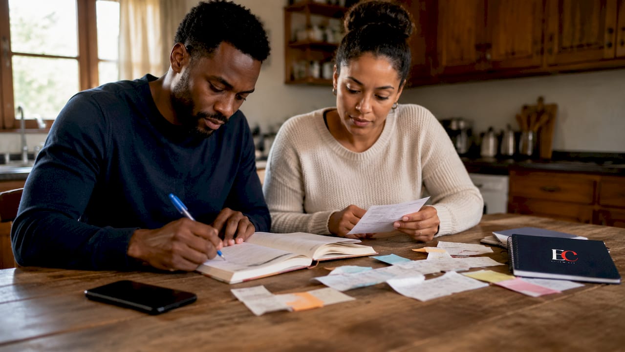 Why create a family budget: your 2026 singapore guide 2 Overhead view of family budgeting materials and hands