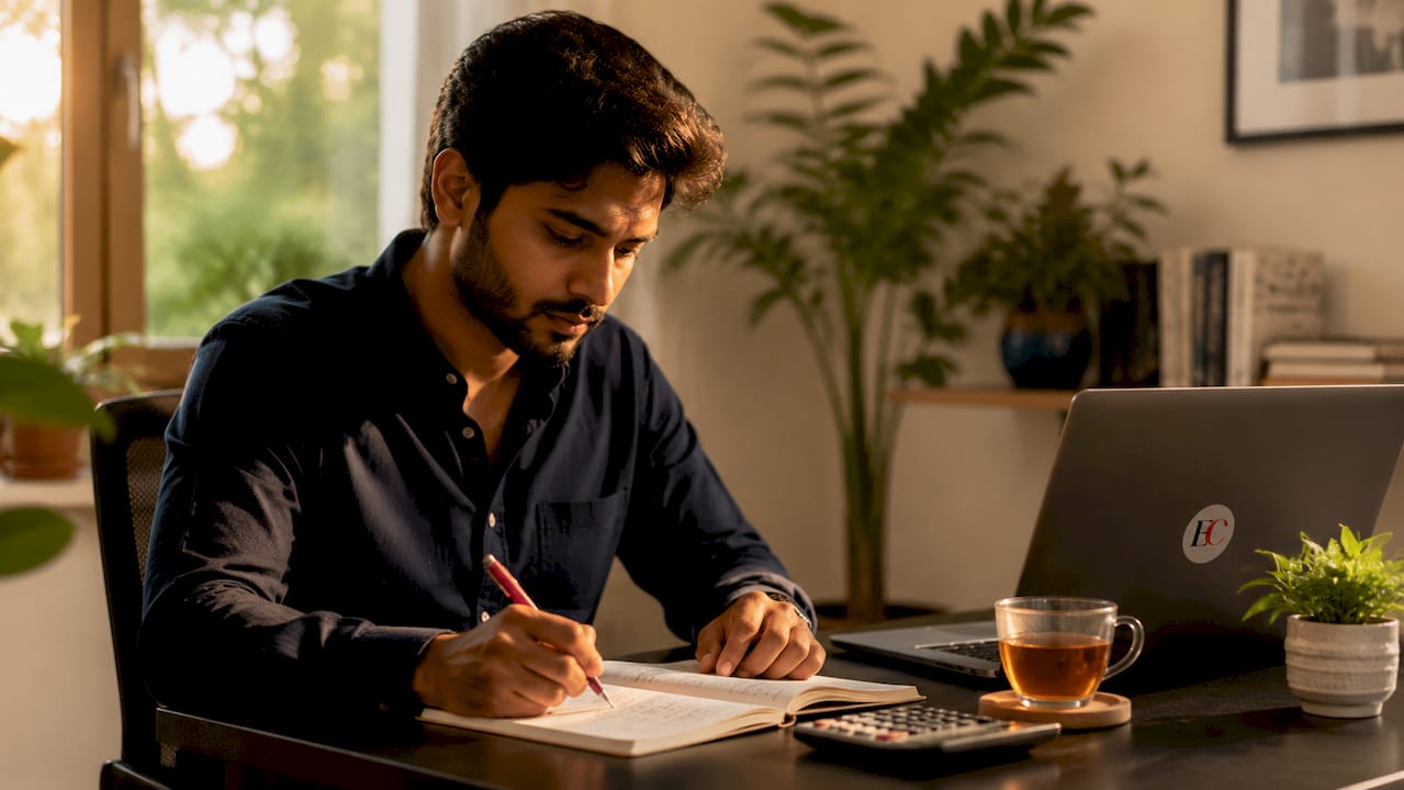 Why budget as a young adult: your 2026 guide 3 Man’s hands planning investments at desk