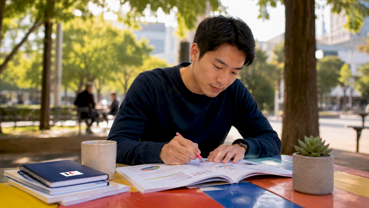 What is financial literacy: a guide for Singaporeans 2 Hands reviewing financial literacy booklet, cafe setting