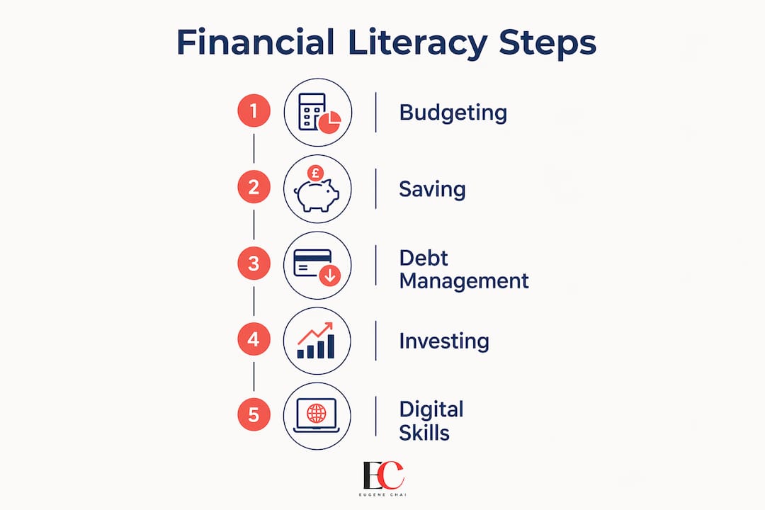 What is financial literacy: a guide for Singaporeans 3 Infographic illustrating five key financial literacy components step-by-step
