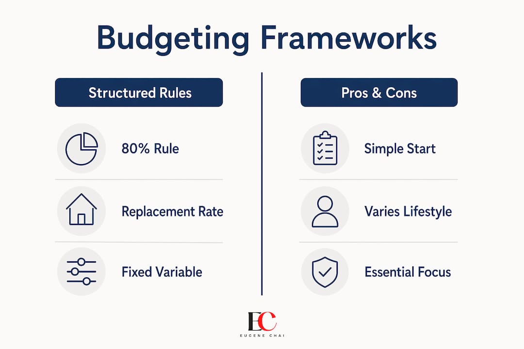 What is a retirement budget: your 2026 Singapore guide 3 Infographic comparing retirement budgeting frameworks