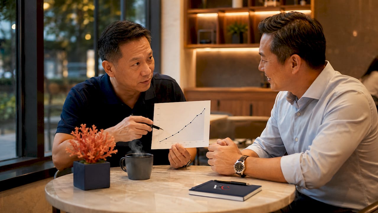 Benefits of early investing in Singapore: 2026 guide 2 Two men discussing compounding growth chart