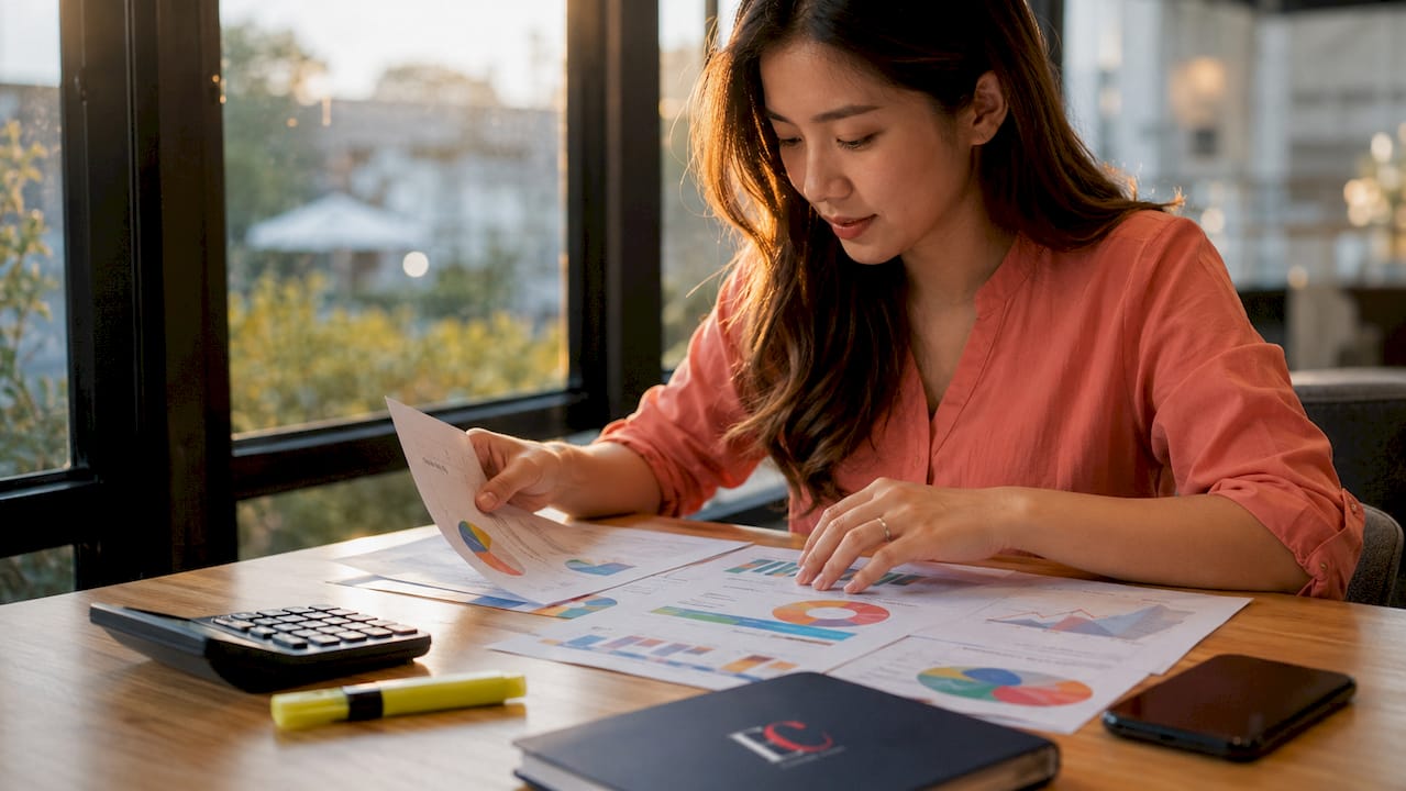 Investment risk types in Singapore explained 2 Hands arranging investment risk charts on desk