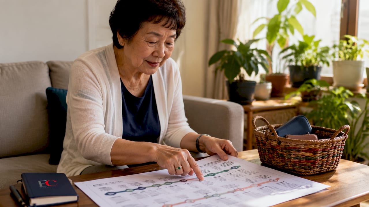 Retirement age in Singapore: your 2026 planning guide 2 Elderly hands pointing at CPF milestones chart