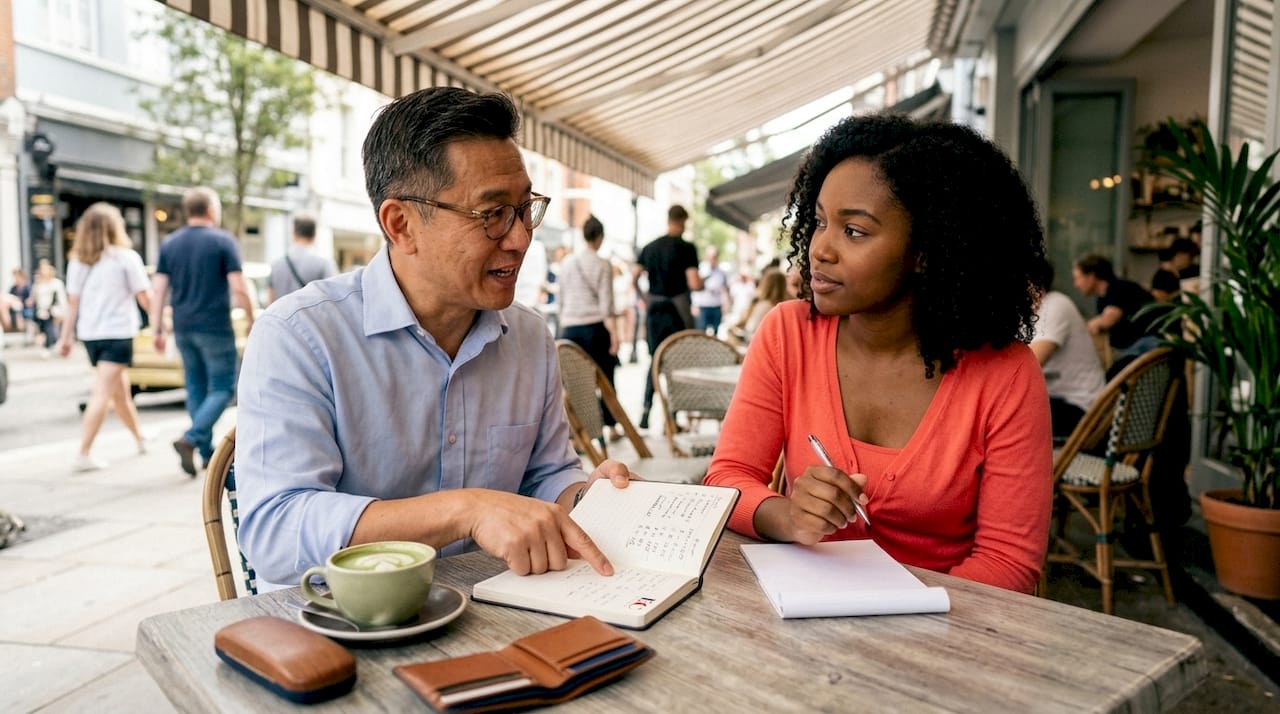 The role of financial goals: your 2026 planning guide 2 Two people discussing financial goals at café table