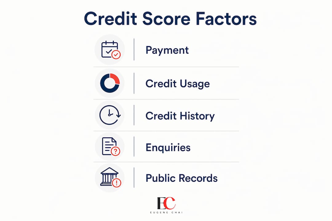 Role of credit score in Singapore: your 2026 guide 3 Infographic showing key factors shaping credit score