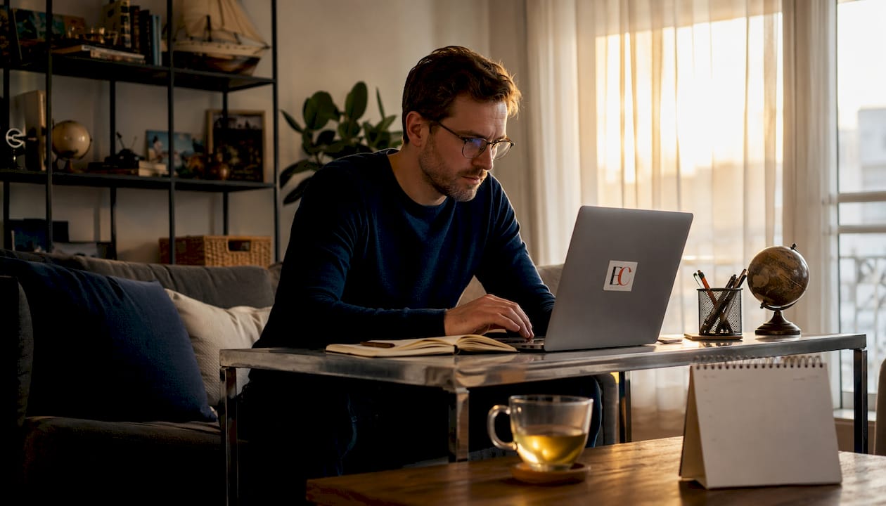 Is it cheaper to buy one way or round trip? 4 Man adjusting flight plans on laptop at home desk