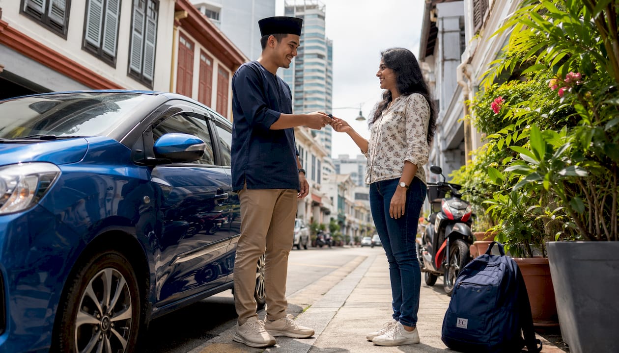 Cheap car rental in Singapore: 2026 budget guide 2 Two people exchanging car keys outdoors in Singapore